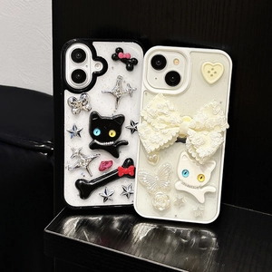3D Cartoon Cat And Bowknot Star Bone Resin TPU Phone Case Glitter Y2K Sweet Cool Style Shockproof Protective Cover