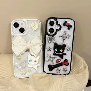 Y2K style 3D bow and cat charms transparent phone cases for iPhone in black and white