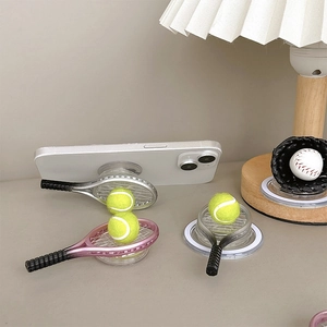 3D sports theme phone grip holder with miniature baseball and tennis racket designs