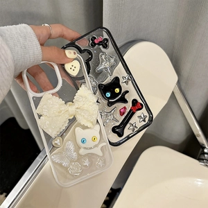 3D bowknot and cat charms on clear iPhone case with black and white aesthetic
