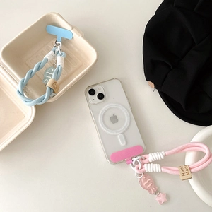 Handmade woven phone lanyard with cute fish charms and wooden beads in pastel colors