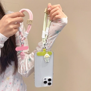Cute heart fishbone braided phone lanyard wrist strap with smiley face wooden bead charm