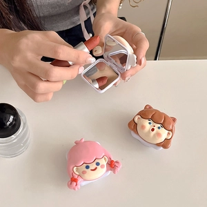 3D cartoon girl makeup mirror with pop-up stand and interior square pocket mirror