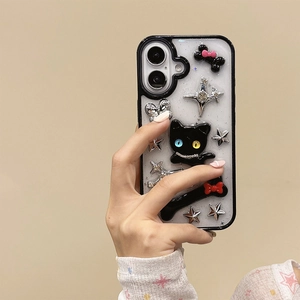 Detail showing 3D black cat, pink bows, and silver stars on a glitter iPhone case