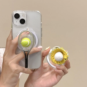Detail of 3D sports baseball glove and tennis racket phone grip stand on clear base