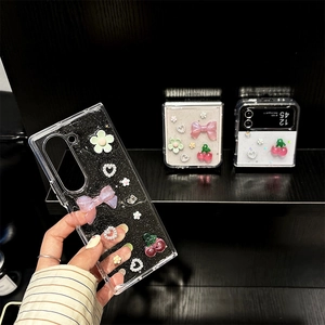 Coque pailletée avec cerises et nœud 3D pour Samsung Galaxy Z Flip ou Fold série