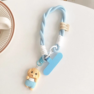 Cordon de téléphone tressé bleu avec breloque chiot 3D et étiquette faite à la main