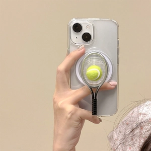 Detailed view of clear phone case with 3D tennis racket and yellow ball stand