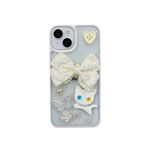 Cute white cat and lace bow transparent iPhone case with glitter and floral decor