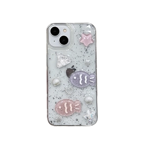 Sparkly iPhone case with 3D glitter fish, starfish and shells on a clear base
