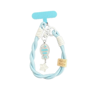 Handmade light blue woven lanyard with a translucent fish charm and white star pendant
