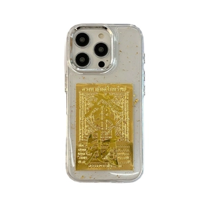 Transparent iPhone case with gold foil glitter and 'Get Rich' lucky charm design