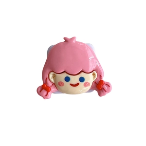 Cute cartoon girl resin phone socket grip with pink hair and red bow on white background