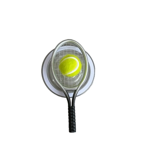 Miniature tennis racket and ball phone stand with retractable grip and net texture