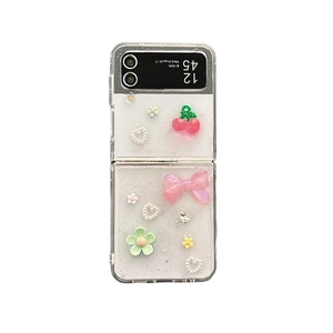 Coque transparente scintillante avec fleurs 3D et cerises pour Samsung Galaxy Z Flip