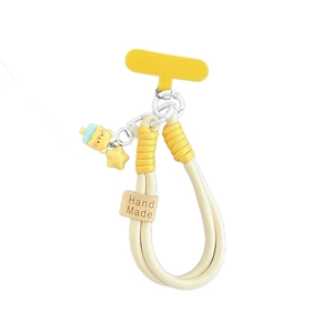 Thick hand-woven phone lanyard with cute bear and star pendants in creamy white and yellow