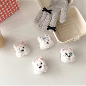 Cute cartoon plush puppy and bear phone grip stand with fluffy white texture