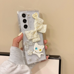 Custodia trasparente glitterata per Samsung Z Flip6 con fiocco 3D e grazioso gatto bianco
