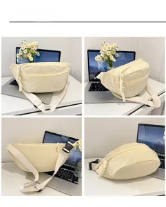 Multi-angle views of cream canvas chest bag featuring woven zippers and plastic buckles