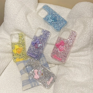 Detailed view of iPhone glitter cases featuring 3D bows and Sweet lettering in five colors