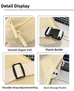 Detail view of smooth zipper, sturdy buckle, adjustable strap and back pocket of beige bag