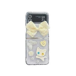 Custodia glitterata per Samsung Z Flip con fiocco in pizzo e ciondoli gatto 3D