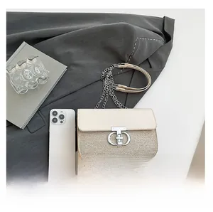 Detail view of cream flap bag with metallic weave, CD clasp, and phone for size reference