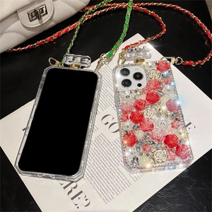 Luxuriöse Parfümflasche-Handyhülle für iPhone mit Diamantrosen und Crossbody-Kette