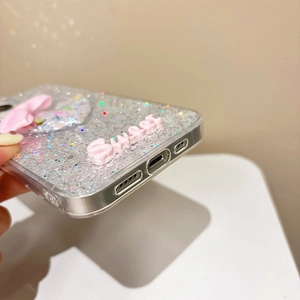 Detail of pink bow and Sweet letter design on silver glitter iPhone case