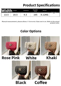 Detailed chart showing PU leather diamond quilted mini bags in five colors with strap specs