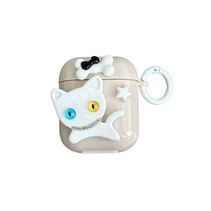 Custodia AirPods beige con ciondoli 3D a gatto, osso e stella in silicone lucido