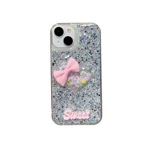 Glittery iPhone case with pink fabric bow and 3D Sweet lettering on silver sparkles
