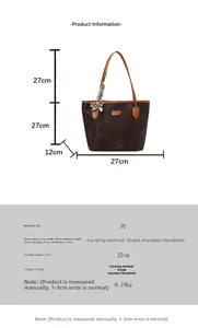 Detailed size chart for large faux leather tote bag with dimensions and shoulder strap drop