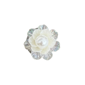 Iridescent flower phone grip with pearl center, minimalist white blossom stand