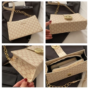 Detail showing the monogram pattern, golden M buckle, and multiple view angles of the bag