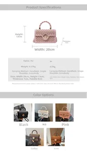 Detailed size specifications and material chart for the plaid crossbody handbag in five colors