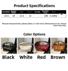 Size chart and dimensions for retro PU shoulder bag in black, white, red, and brown