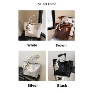 Chic sequined tote bags with silk scarves in white, brown, silver and black colors