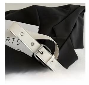 Detail of white leather strap with silver metal buckle and reinforced grommets closeup