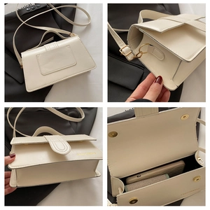 Dettagli della borsa quadrata bianco crema che mostrano interno e chiusura magnetica