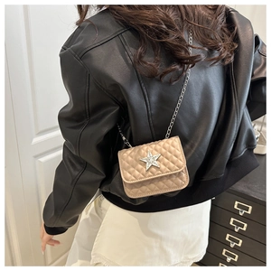 Detail view of champagne quilted chain bag with a sparkling rhinestone star on model