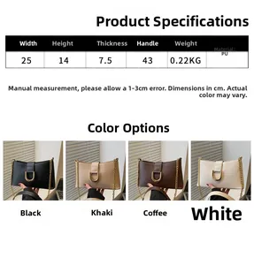 Detailed size chart for French style PU leather baguette bag showing dimensions and colors