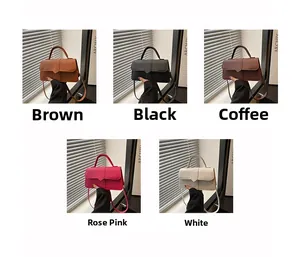 Collage of chic solid color handbags in five colors with detailed lychee grain texture