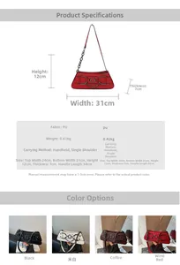 Detailed size chart and dimensions for the vintage PU leather baguette underarm bag