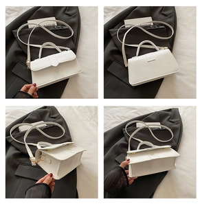 Four-angle view of white faux leather handbag with gold hardware and vertical stitching