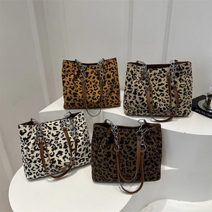 Large Capacity Leopard Print Tote Bag Corduroy Fabric Women Shoulder Handbag With Chain Leather Strap Casual Fashion