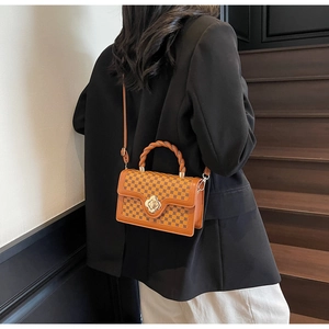 Detail of vintage plaid crossbody bag with golden flower lock worn by a model