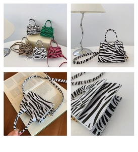 Detail showing various colors of zebra print mini crossbody bags with flap closure