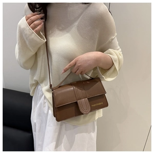 Vista dettagliata della borsa a tracolla quadrata marrone con scritta Fashion & Bag