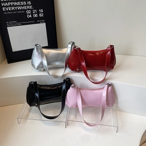Shiny PU Leather Underarm Bag Fashion Retro Baguette Shoulder Bag With Metal Buckle Rivet Decor For Women